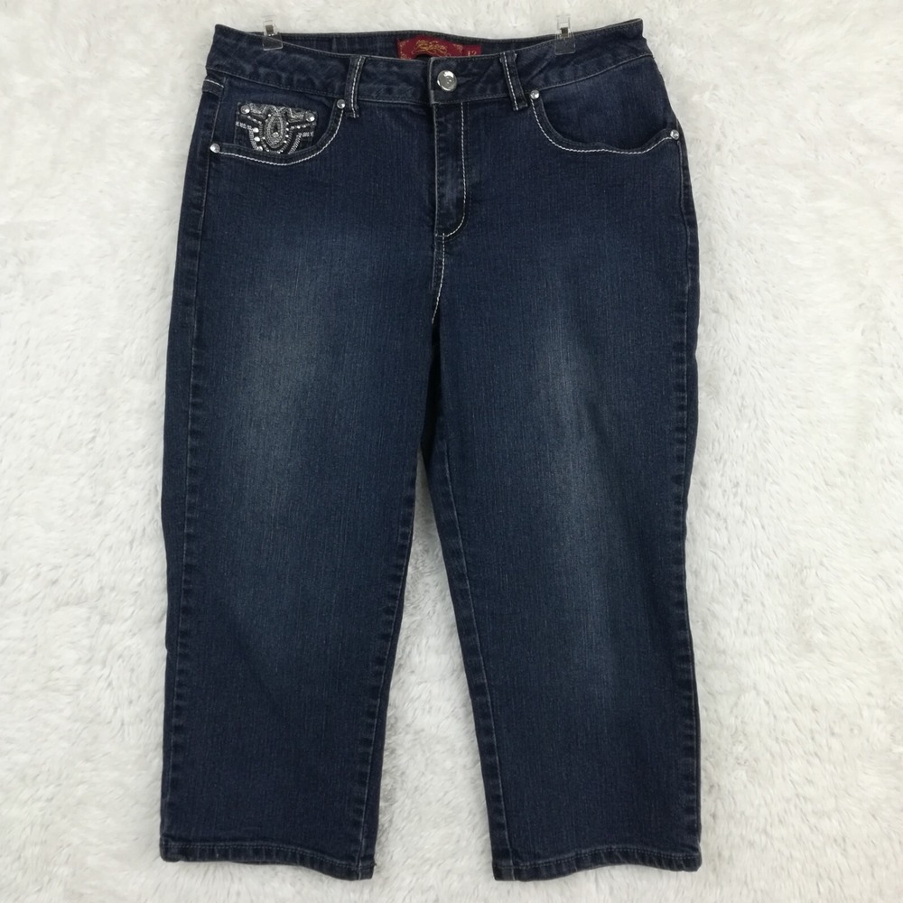 One5one Jeans Womens Capri Blue Denim Dark Wash Embroidered Jeweled 12